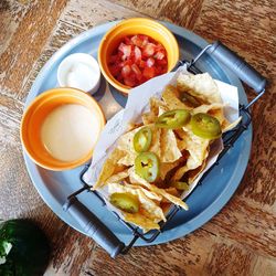 High angle view of breakfast served on table