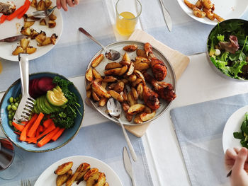 High angle view of food served on table