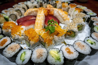 Close-up of sushi served in plate