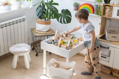 High angle view of man working at home