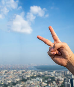 Cropped image of person with cityscape against sky