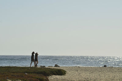 People on beach against clear sky