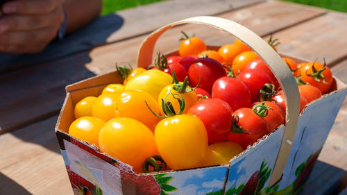 Midsection of man picking tomatoes in basket