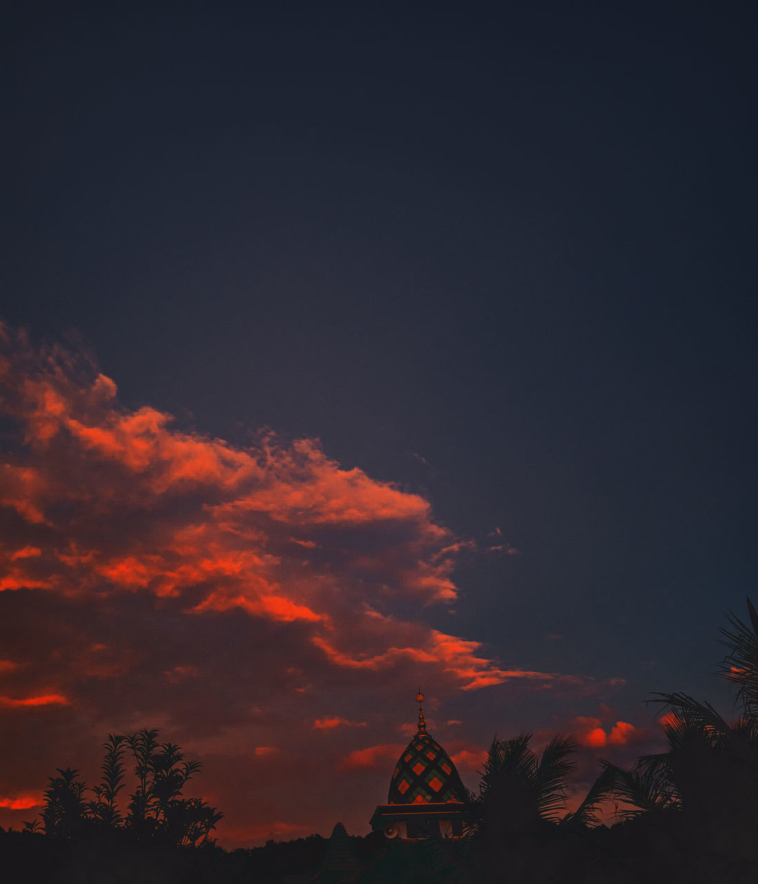 LOW ANGLE VIEW OF SILHOUETTE TREES AND BUILDING AGAINST SKY DURING SUNSET