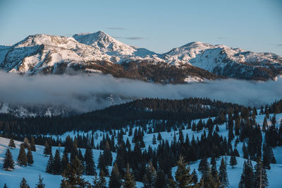 Scenic view of snowcapped mountains against sky