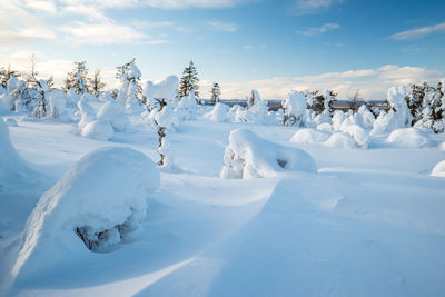 Snow covered landscape against sky