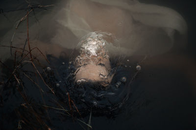 From above back view of crop anonymous female tourist swimming with wavy fabric in lake in twilight