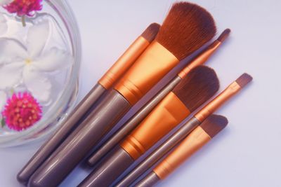 High angle view of multi colored pencils on white table