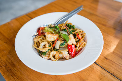 High angle view of meal served on table