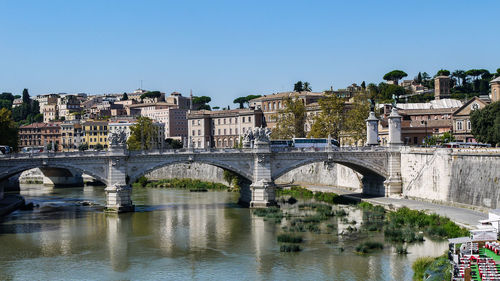 Bridge over river by buildings against clear sky