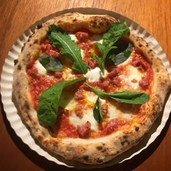 High angle view of pizza on table