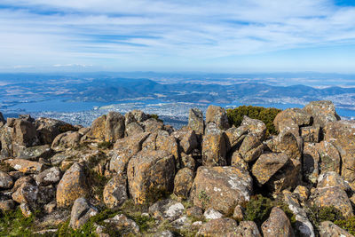 Panoramic view of sea and mountains against sky