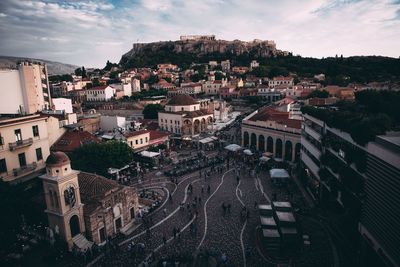 High angle view of buildings in city against sky