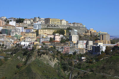 Buildings in city against clear blue sky