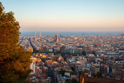 High angle view of townscape against clear sky
