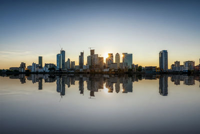 Reflection of buildings in city against sky during sunset