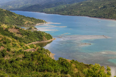 High angle view of trees by sea