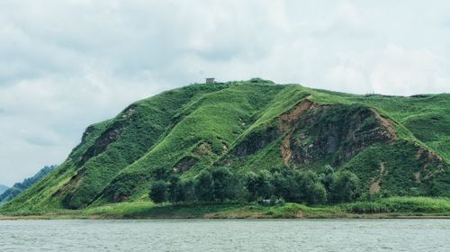 Scenic view of lake against cloudy sky