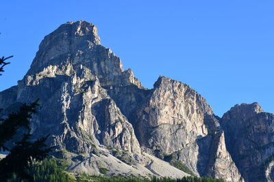 Low angle view of rocky mountains against clear sky