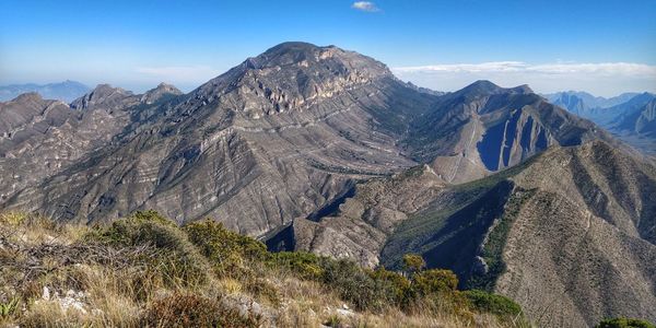 Panoramic view of landscape and mountains against sky