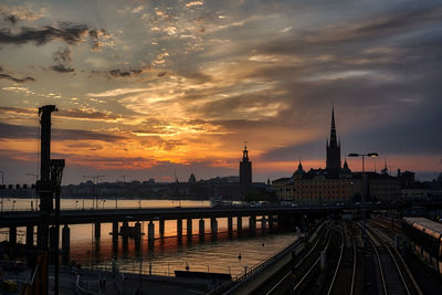 View of railroad tracks against sky during sunset