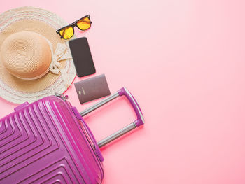 High angle view of hat on multi colored background