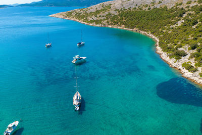 Aerial view of a bay with the boats on the cres island, adriatic sea, croatia