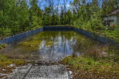 Arch bridge over lake against trees