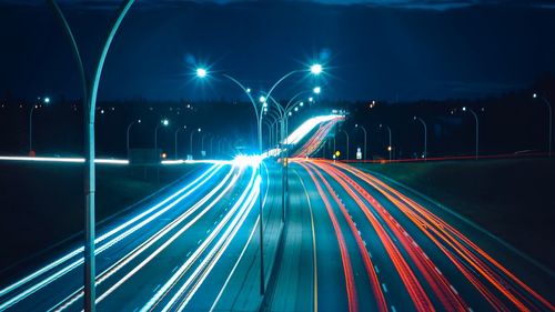 Light trails on road at night