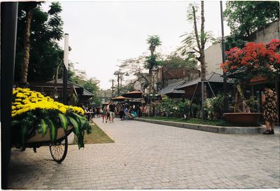 People walking on sidewalk by street and buildings in city