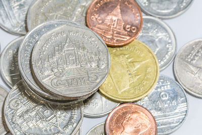 Close-up of coins on table