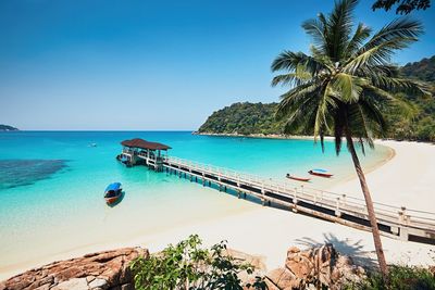 Scenic view of beach against clear blue sky