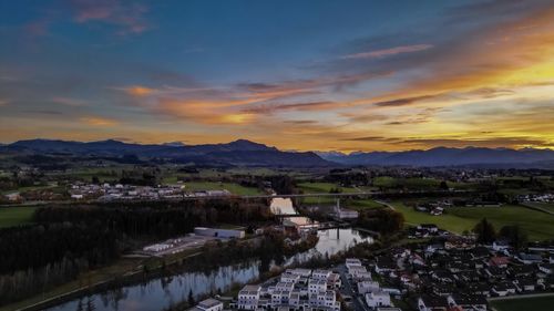 High angle view of townscape against sky during sunset
