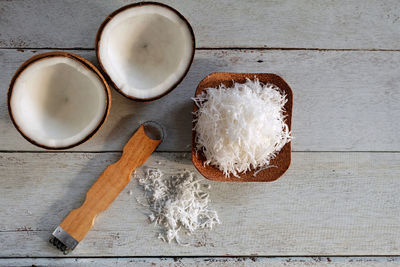 High angle view of ice cream in bowl on table
