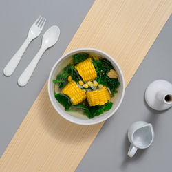 High angle view of vegetables in bowl on table