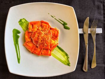 High angle view of food in plate