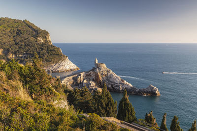 Sunset on the san pietro church, portovenere, la spezia province, liguria, italy, europe