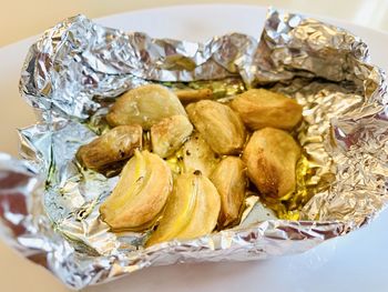 High angle view of bread in plate on table