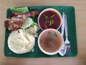 Directly above shot of breakfast served on table