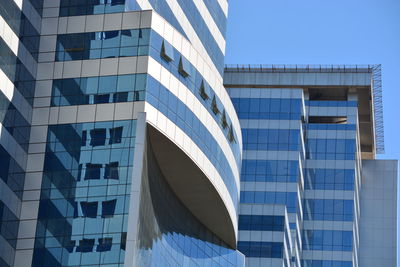 Low angle view of modern building against clear blue sky