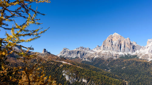 Scenic view of mountains against clear blue sky