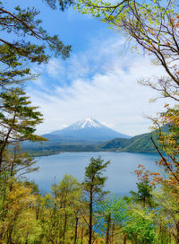 Scenic view of lake and mountains against sky