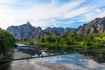 Scenic view of river amidst mountains against sky