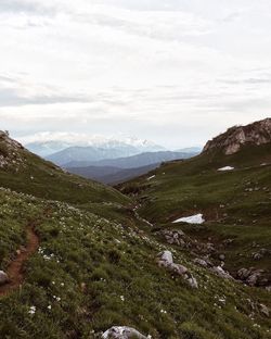 Countryside landscape with mountain range in background