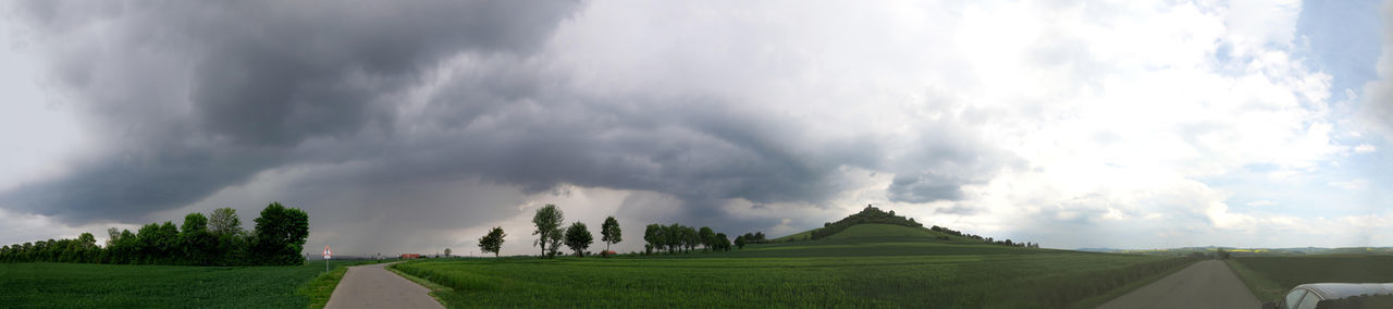 PANORAMIC VIEW OF GREEN FIELD AGAINST SKY