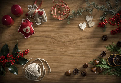 High angle view of christmas decorations on table