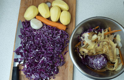 High angle view of chopped vegetables on cutting board