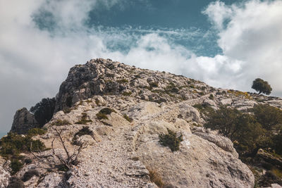 Low angle view of rock formation against sky