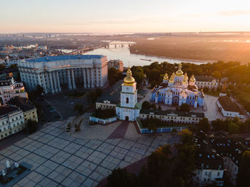 High angle view of townscape against sky at sunset