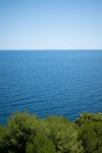 Scenic view of sea against clear blue sky